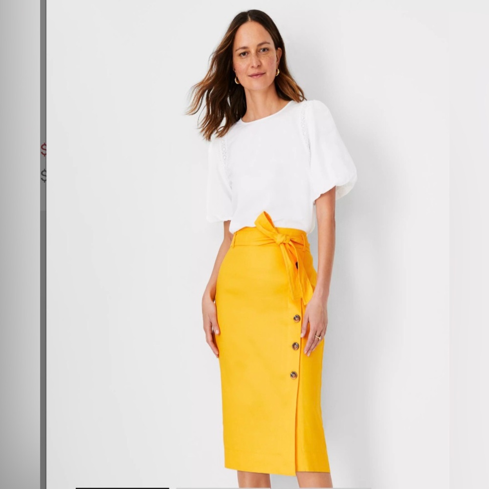 Ann Taylor Marigold Linen Blend Belted Button Wrap Pencil Skirt Sz 18